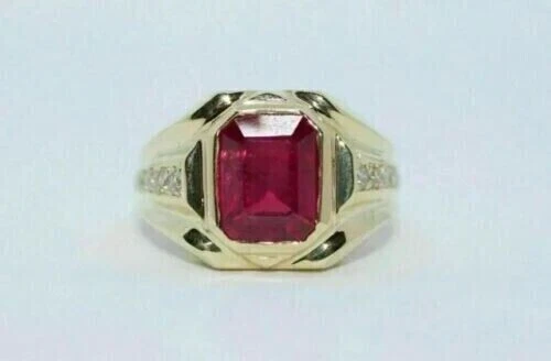 3Ct Emerald Cut Lab-Created Red Ruby Men's Ring 14K Yellow Gold Plated
