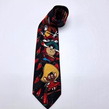 Vintage 1994 Looney Tunes Mania Speedy Gonzales Chili Pepper Black Silk Tie Mens