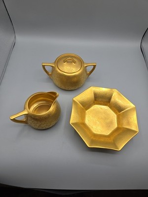 Pickard ROSE & DAISY Gold Encrusted Creamer & Sugar & Hexagon Bowl 7''