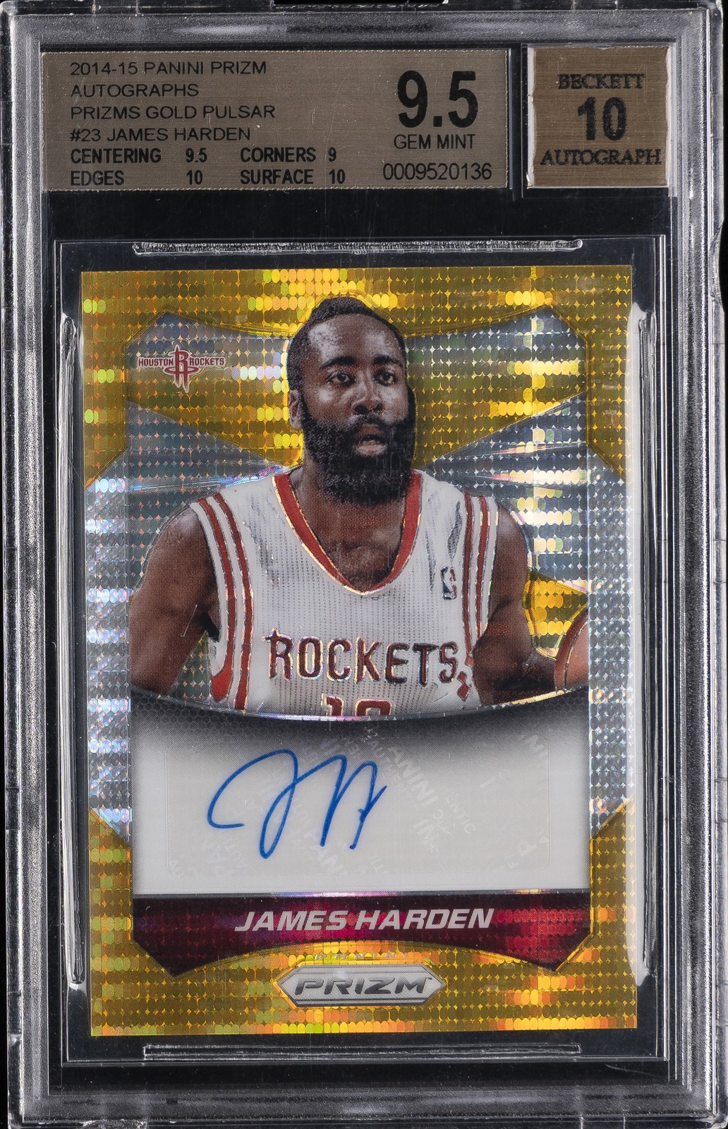 2014-15 PANINI PRIZM PRIZMS AUTOS GOLD PULSAR 02/10 #23 JAMES HARDEN BGS 9.5