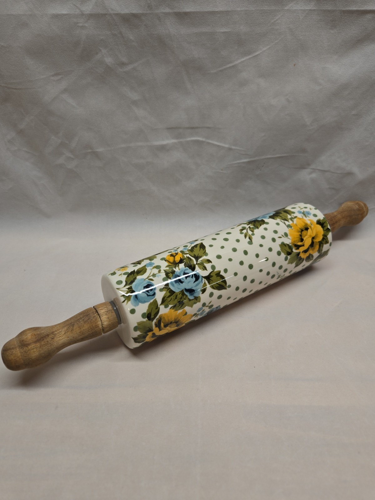 HTF PIONEER Woman ROSE Shadow ROLLING Pin Green Polka Dots and FLORAL ...