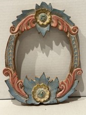 Vintage Hand Carved Wood Boho Folk Art Mirror Frame Floral Leaf Motifs Scrolls