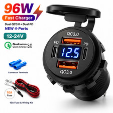 12-24V 4 Port Fast Car Charger QC3.0 PD USB-C Outlet Socket for Boat RV Marine