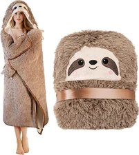 Sloth Wearable Hooded Blanket for Adults - Fluffy Super Soft Shaggy Faux Fur, Fu