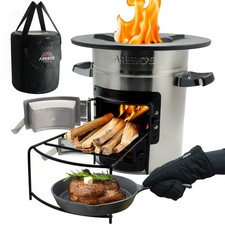 AREBOS Estufa Rocket Leña Camping Barbacoa Exterior con Sartén Hierro BBQ Leñas