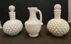 VINTAGE WHITE MILK GLASS HOBNAIL SET OF 2 DECANTERS W/TOPS AND 1 CRUET PITCHER