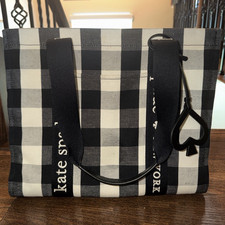 Kate Spade New York Black/White Checkered Tote Bag w/ Charm, Inner Pockets