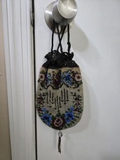Antique Victorian Micro Glass Beaded Floral Reticule Drawstring Purse Bag