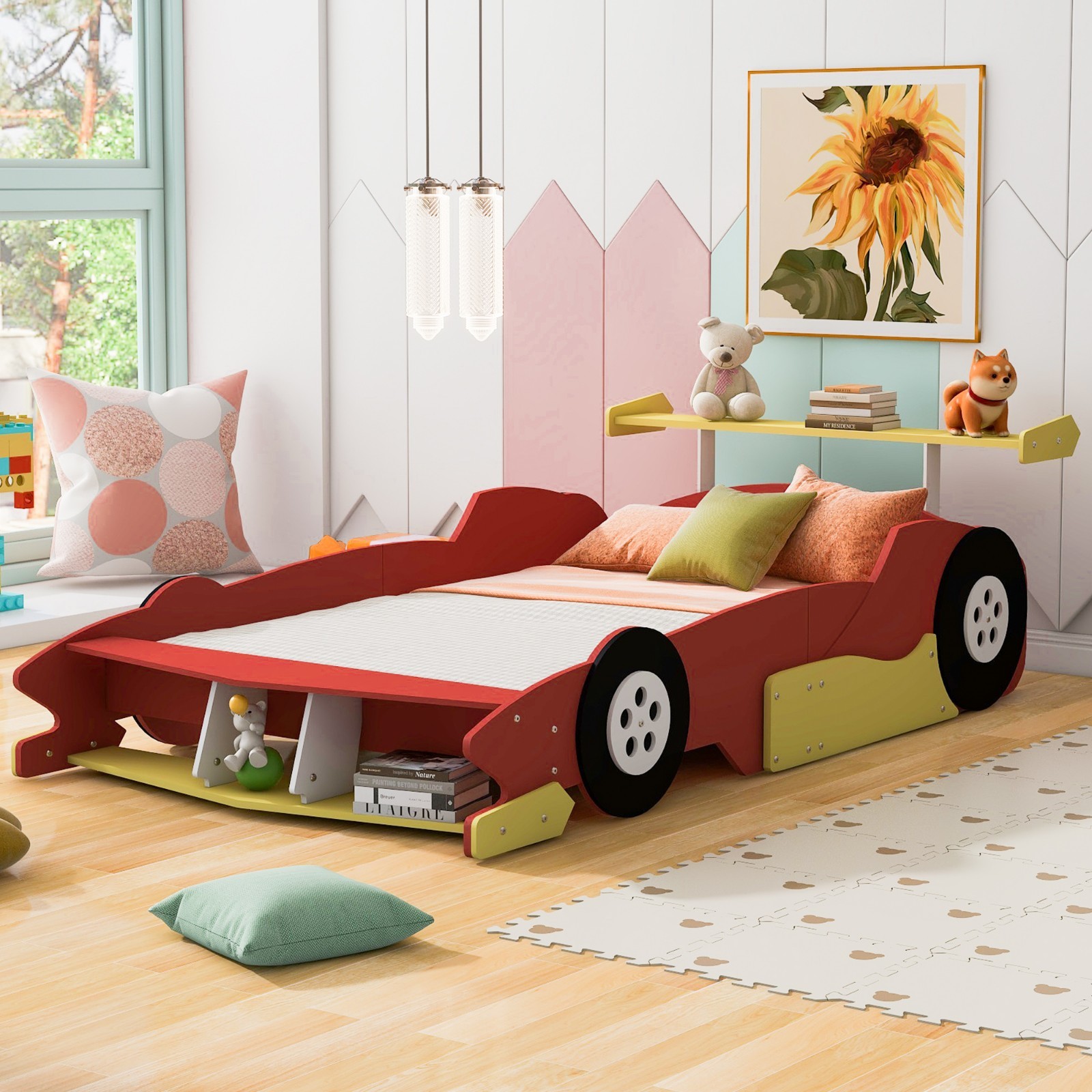 99" Full Size Car-shaped Bed with Wheels for Kids Bedroom Re