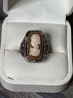 Vintage Antique Carved Shell Cameo Black Onyx Flip Ring Sterling Silver Size 6