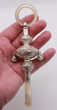 Sterling Silver Baby Rattle & Teether with Mother of Pearl Birmingham 1911