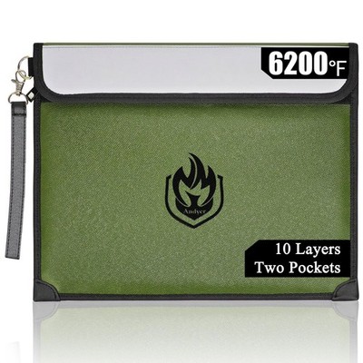 Fireproof Document Bag 6200F 2 Pockets 10 Layers Green Waterproof Money Case