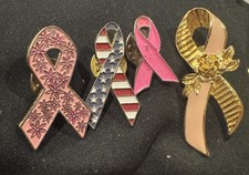 Breast Cancer Awareness Ribbon Lapel Pin Pink With Flowers avon lot of 4