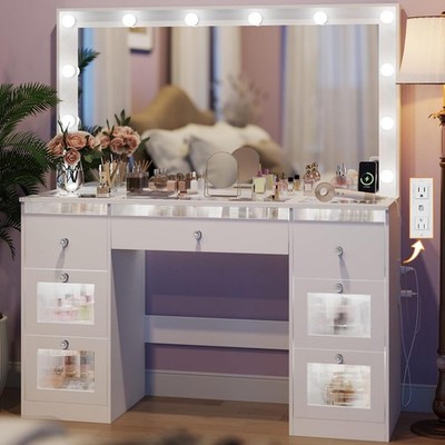 Vanity Desk Mirror & Lights 3 Colors Glass Top Vanity W/ 7 Lighted-Drawers