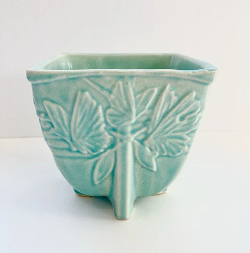 RARE Aqua Blue Nelson McCoy Butterfly Square Jardiniere Antique Planter Pot