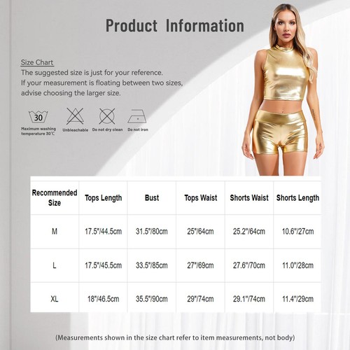 Womens Metallic Mock Neck Sleeveless Crop Top with Shiny Shorts Stage Clubwear - Picture 19 of 61