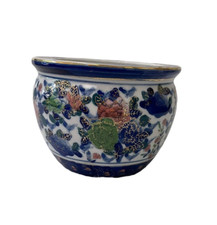 Chinese Style Koi Coi Pond Bowl Miniature Floral Cobalt Blue & Pink 3.5"x4.5"