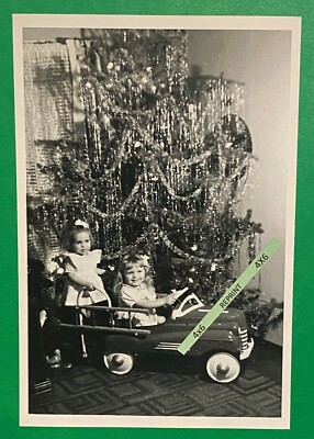 Found 4X6 PHOTO of Old PEDAL CAR and Christmas Tree Scene Cute Little Girls