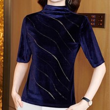 Lady Velvet Shirt Tops Blouse T-shirts Retro Turtle Neck Half Sleeve Casual Slim
