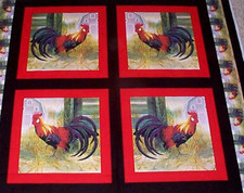 4 Rooster Pillow Panels Fabric 100 Cotton Barn Yard Cock a Doodle Doo