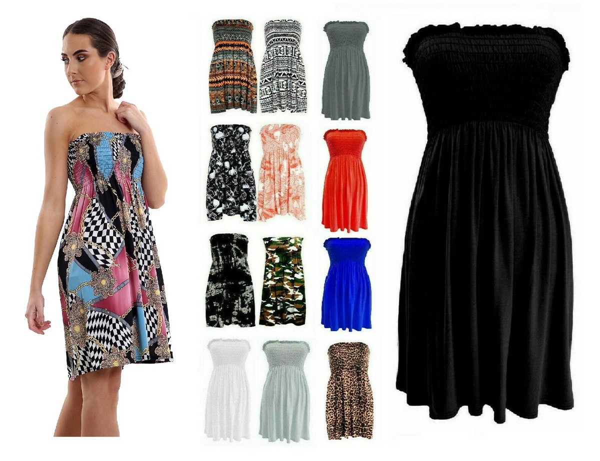 Ladies Verano Boho Top Tubo Palabra de Honor Corto sin Tirantes Estampado Talla