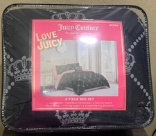 Juicy Couture Black/Crowns 8pc QUEEN Set Comforter,Shams,Pillow,Pink Logo Sheets