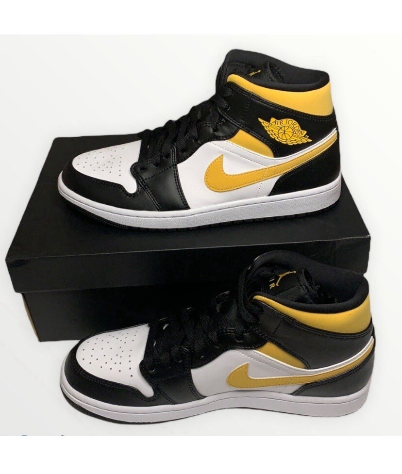 Jordan 1 Mid Sneakers White, Pollen, and Black 4Y Women's 5.5