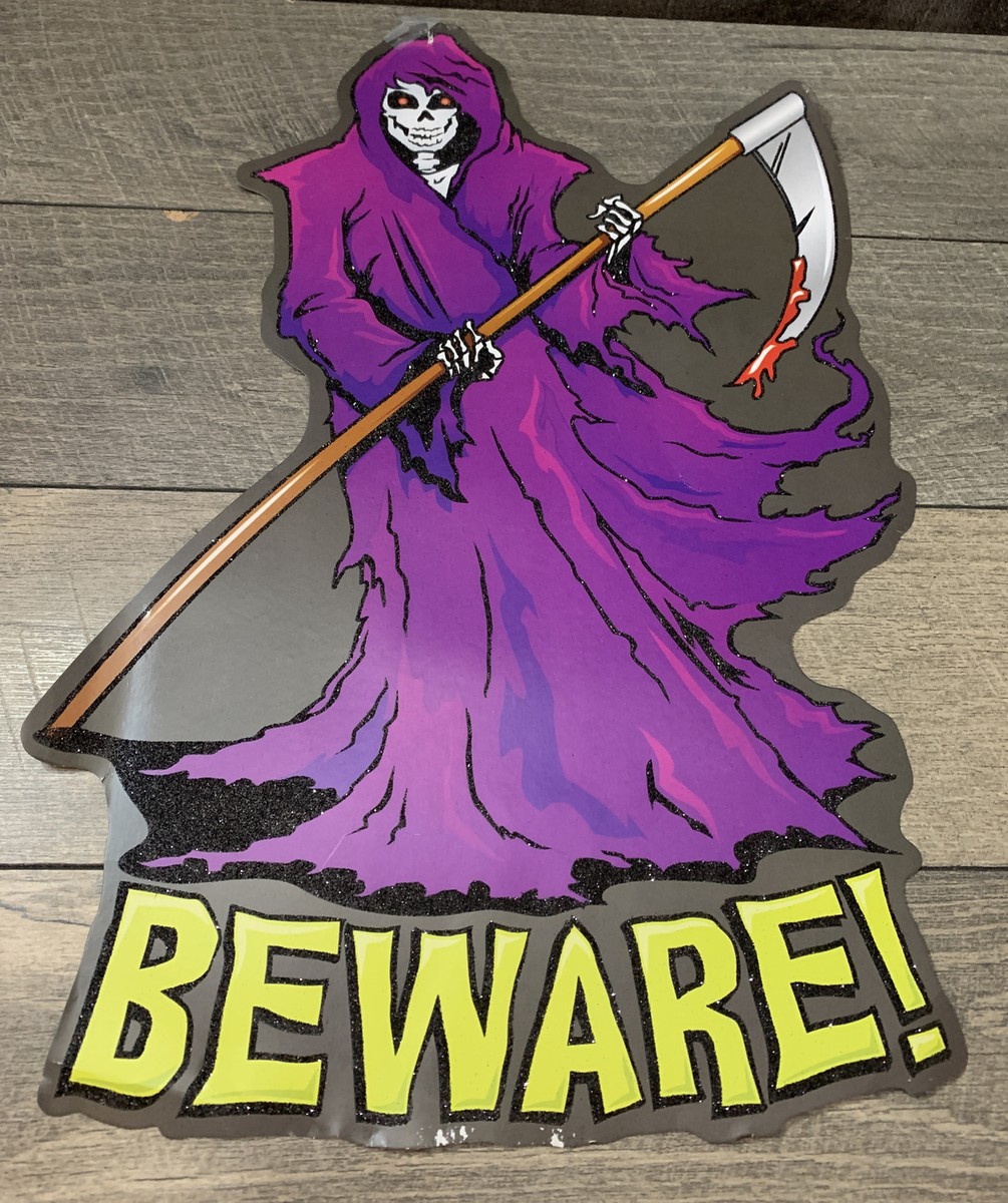 Vintage Halloween Grim Reaper BEWARE Purple Robe Death Slayer
