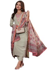 GoSriKi Women's Cotton Blend Straight Embroidered Kurta with Pant  Dupatta
