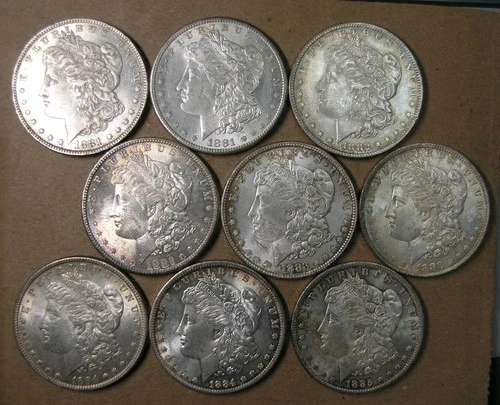 $1 Morgan Dollars 1881-1885 All Different AU Or Better 9-COIN LOT * AvenueCoin
