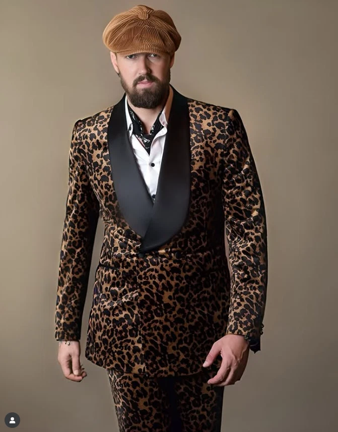 Леопардовый принт мужские костюмы шаль лацкан двубортный свадьбы жених смокинг 2 шт. - Изображение 2 из 4