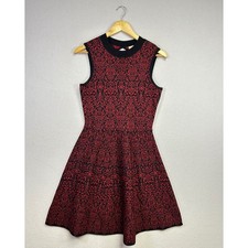 Rewind Women's Red Black Damask Pattern Fit Flare Dress Mock Neck Size L