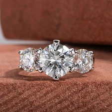 2.10 Ct Round Cut Moissanite Three Stone Wedding Ring 14k White Gold Finish