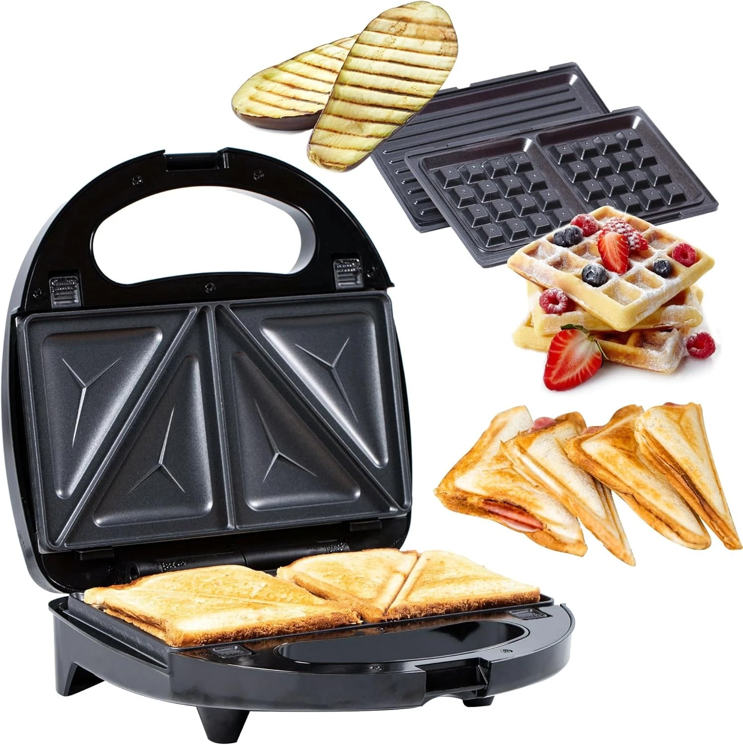 Gadgy 3-in-1 Belgian Waffle Maker & Sandwich Press – Toastie Black-white