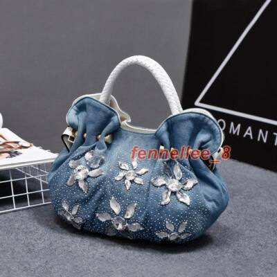 No.34デニムカラーෆ‪ハートෆバッグhangingෆෆ Women Rhinestone Flowers Denim Handbag Tote Bags Jeans Messenger
