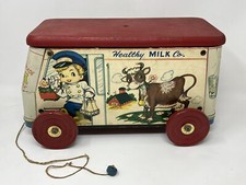 Vintage Gong Bell HEALTHY MILK Co. Dairy Cow MILK TRUCK Tin Wood Litho PULL TOY