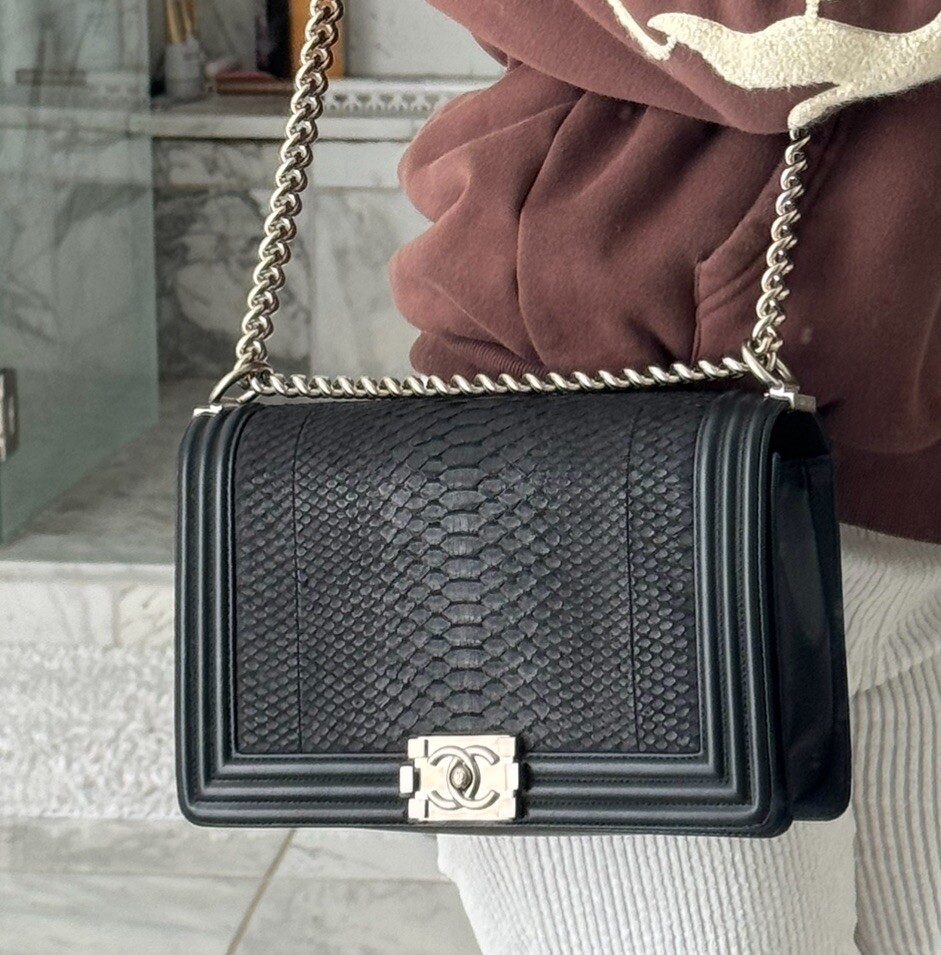 CHANEL BLACK PYTHON BOY BAG SILVER HARDWARE, LARG… - image 1