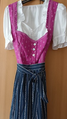 Wenger Dirndl lang, pink 46/48, Schürze blau/Bluse mit Raffung, klassisch Tracht