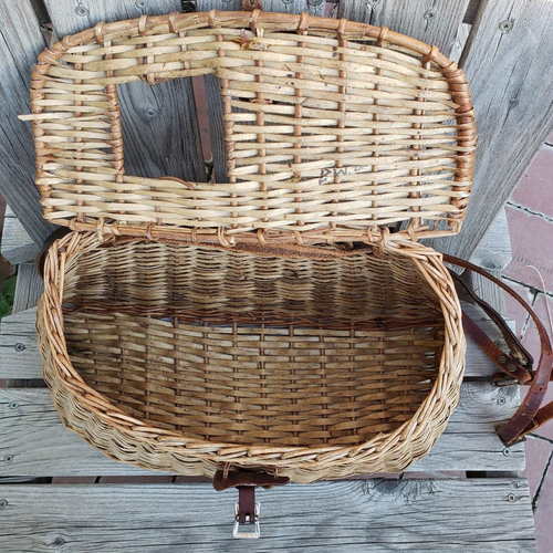 Vintage Fishing Creel Wicker Basket Shearling Lined Leather Strap Handmade - Picture 8 of 9