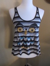 THE CLASSIC BRAND TANK TOP WITH BLINGED OUT OWL WITH LACY SEE THROUGH BACK MED