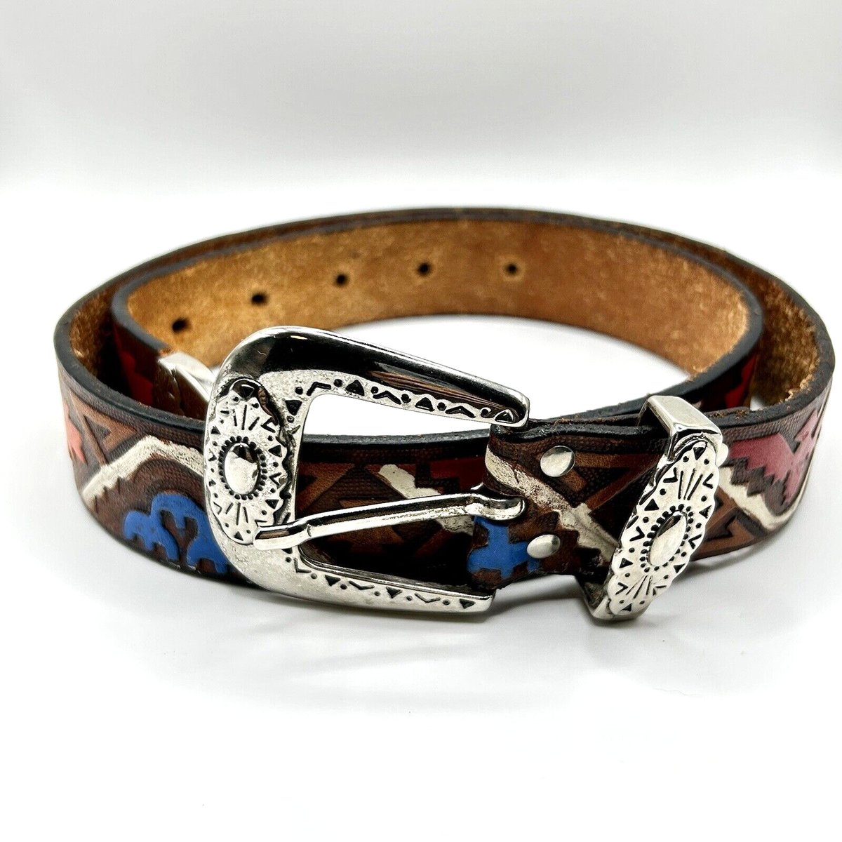 Milor Tooled Leather Belt Southwest Thunderbird Aztec Size  display picture 2