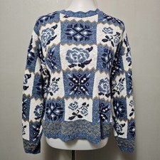 Vintage Denim Republic 80s Blue White Floral Scalloped Hem Sweater Size Medium