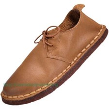 Lace Up Driving Flats Mens Real Leather Round Toe Shoes Casual Soft Retro Style