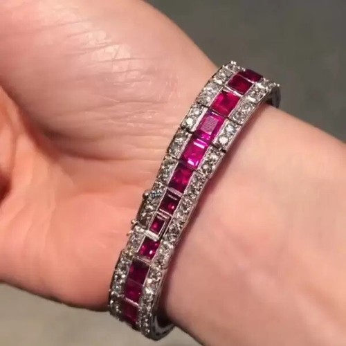 26 ctw Emerald Cut Created Ruby & Diamond 14K White Gold Plated Vintage Bracelet - Picture 2 of 7