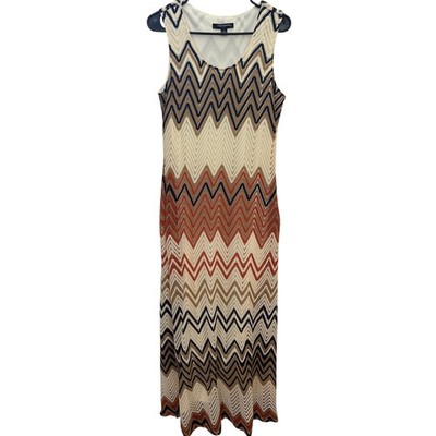 Sharagano Knit Maxi Dress Women's Size 10 Chevron Orange Cream Navy Boho Indie