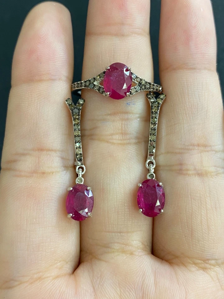 NATUR RUBIN 6X8 NATÜRLICHER DIAMANT STERLINGSILBER 925 RING OHRRING