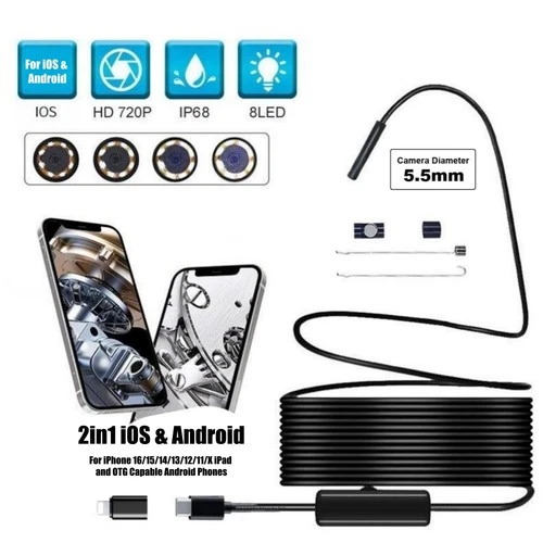 5.5mm Slim Endoscope Camera for iPhone Samsung Android Car/Sink/Drain Inspection
