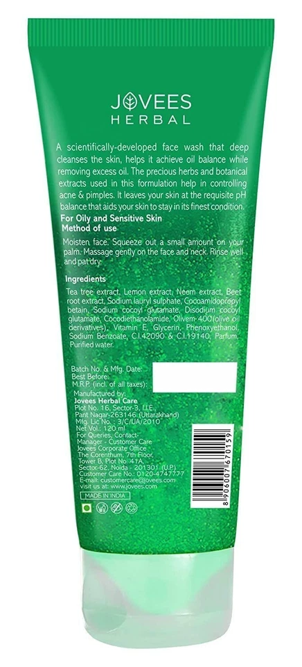 Jovees Tea Tree Oil Control Face Wash -120ml For Acne Pimple Oily Sensitive Skin - Image 2 of 4