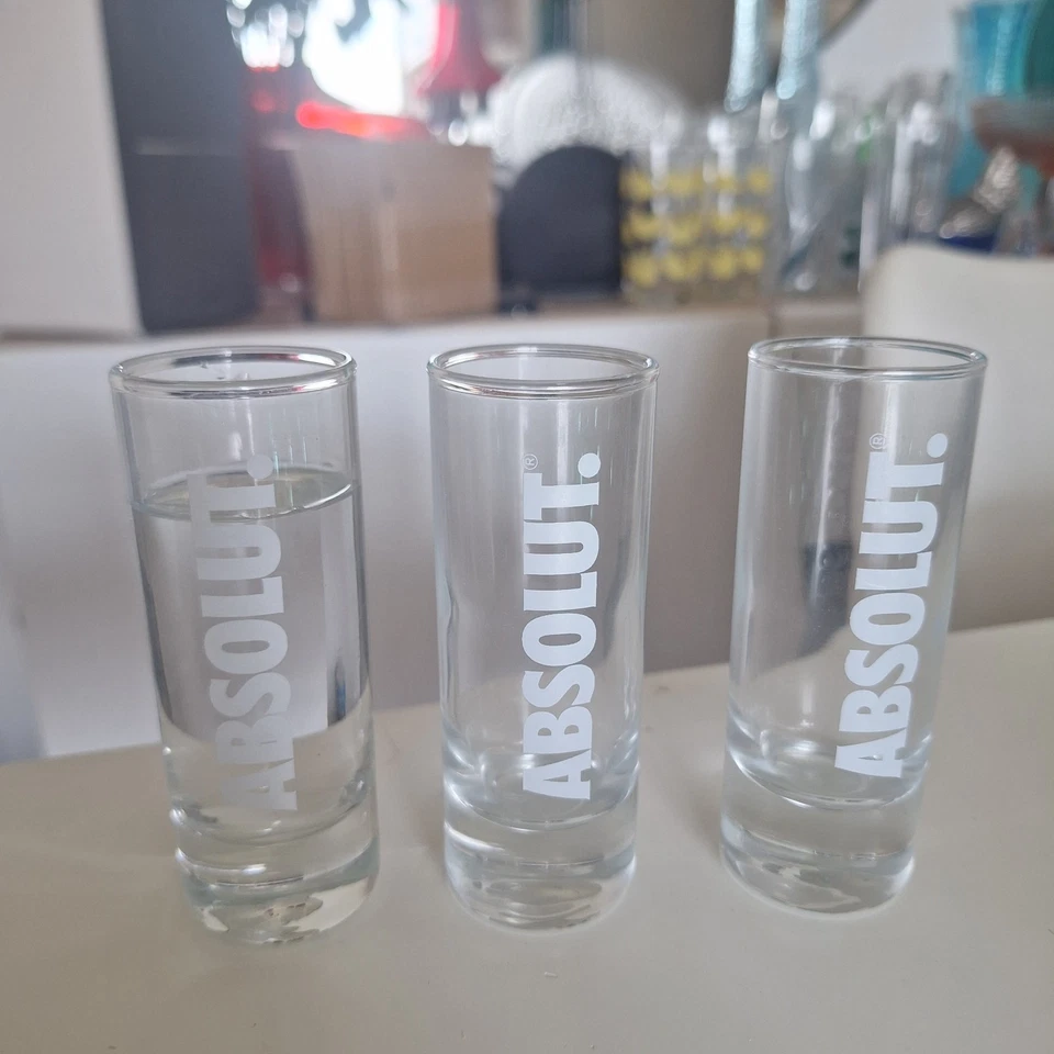 Trio Of Clear Glass Cylindrical 50ml Branded Double Shot Glasses ABSOLUT VODKA - Image 1 of 1