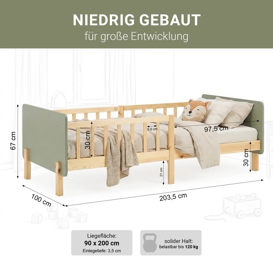 Kinderbett 90x200 cm Rausfallschutz Holz Grün Kinder Bett Lattenrost Homestyle4u - Bild 3 von 4